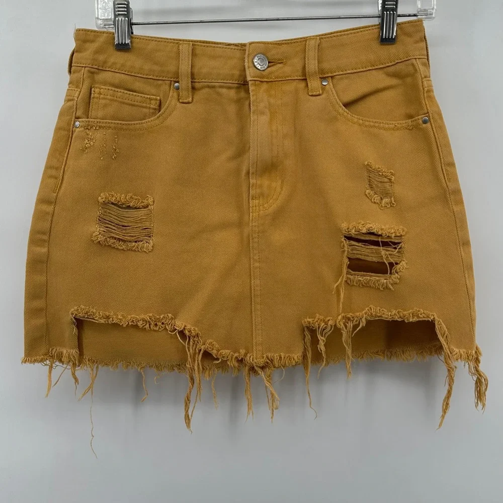 Pacsun‎ Distressed Mini Skirt Frayed Hem Rips Mustard Yellow Size 26